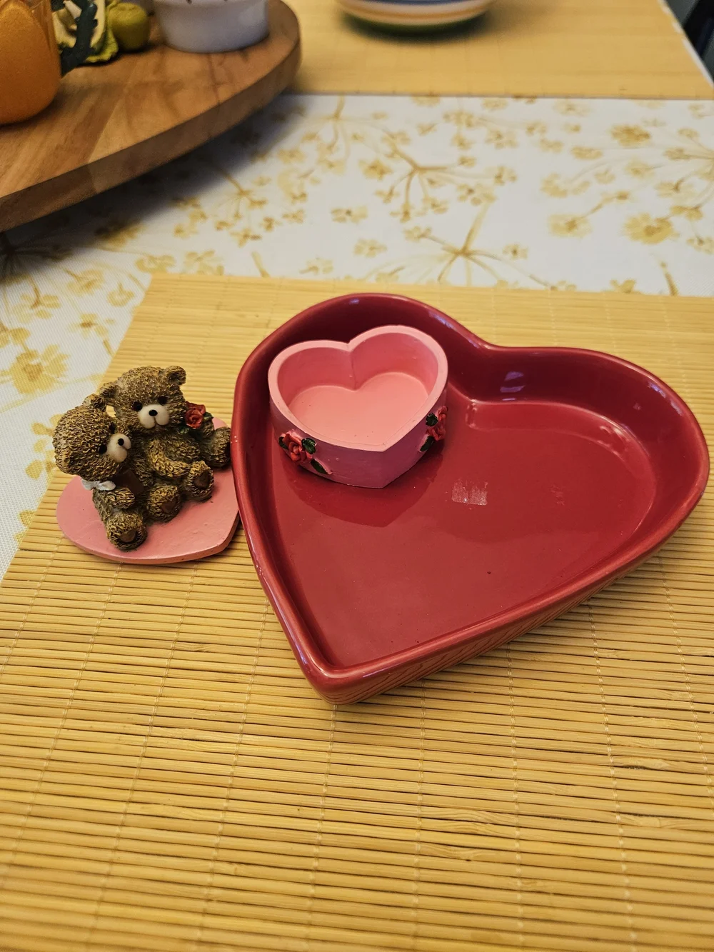 Red Heart Shaped Trinket Dish with Pink Bear Box:Upcycled